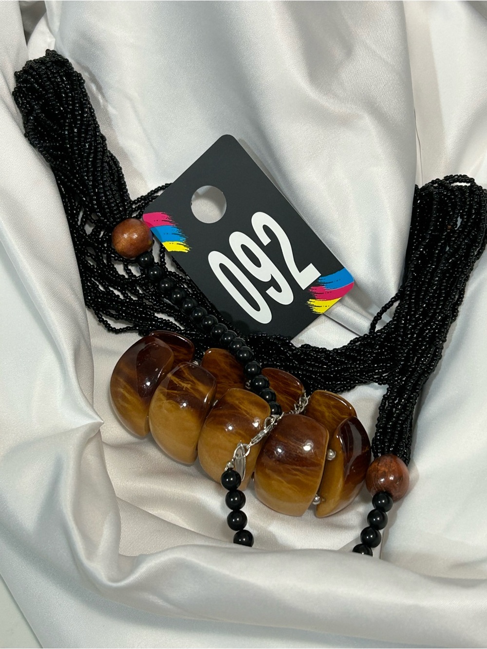 B.092 - Bold Brown Bead Stretch Bracelet and Black Beaded Necklace Set